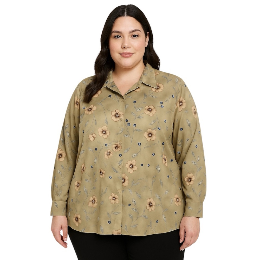 Naji Ahdoot Women Top Light Olive Floral Button-Up Blouse Long Sleeve Size XL